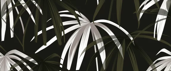 Muurstickers Tropical plant seamless pattern, white and green palm leaves on black background © momosama