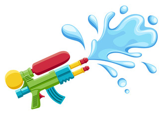 Water gun illustration. Plastic summer toy. Colorful design for children. Gun with water splash. Flat vector illustration isolated on white background