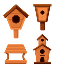 Obraz na płótnie Canvas Set of wooden birdhouses. Nesting boxes cartoon style. Homemade building for birds, handmade object. Flat vector illustration isolated on white background