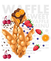 Hong Kong waffles. Waffle with strawberry, cherry and orange and whipped cream. Vector illustration with text on background
