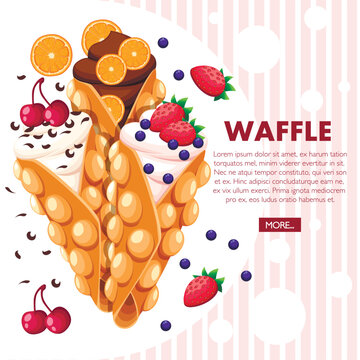 Hong Kong waffles. Waffle with strawberry, cherry and orange and whipped cream. Vector illustration with place for text. Website page and mobile app design