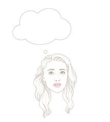 Illustration of young woman looking up dreamily with thinking bubble above her head