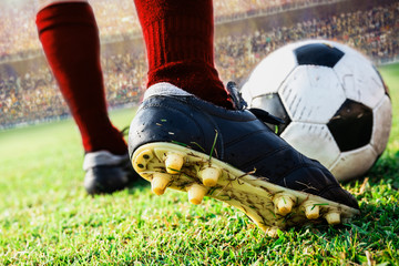 close up soccer football kick the ball - obrazy, fototapety, plakaty