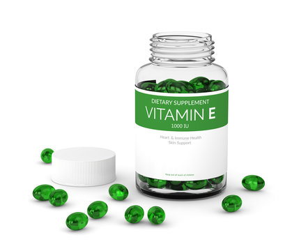 3d render of vitamin E pills in bottle