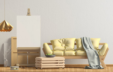 Modern interior design in Scandinavian style with sofa and easel. Mock up poster. 3D illustration.