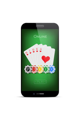 Online poker design template. Vector royal flush of hearts and casino chips with Poker word on green smartphone display.