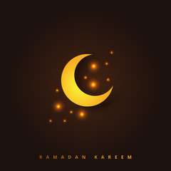 Ramadan Kareem concept banner with islamic geometric patterns and arabic calligraphy. lightning traditional lanterns, moon and stars on dark brown background color. Vector illustration