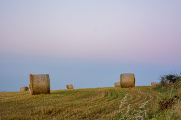 Horizontal View of Bale ol Hay in the Countryside at Sunset on Clear Sky Background