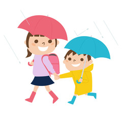 雨の日にレインコートを着て歩く小学生の女の子と男の子のイラスト