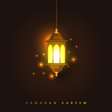 Ramadan Kareem concept banner with islamic geometric patterns and arabic calligraphy. lightning traditional lanterns, moon and stars on dark brown background color. Vector illustration