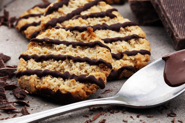 Chocolate cookies on stone table. Chocolate chip cookies shot.