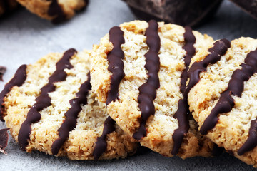 Chocolate cookies on stone table. Chocolate chip cookies shot.