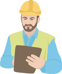 worker in a  helmet with a tablet vector illustration flat