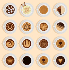Vector coffe top view realistic drink different coffee recipe like cappuccino, chocolate, latte on cup blackboard. Coffee cups for menu assortment top side collection aromatic beverage