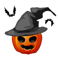 Pumpkin in a witch hat and bats isolated on white background. The attributes of the holiday Halloween. Vector illustration.