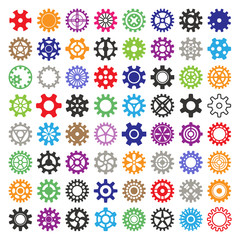 Gear vector mechanism icons isolated illustration. Mechanics web development shape work cog multicolor gear sign. Engine wheel equipment machinery element. Circle turning technical tool