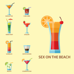Set of alcoholic cocktails fruit cold drinks tropical cosmopolitan freshness collection and party alcohol sweet tequila vector illustration.