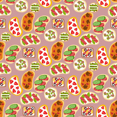 Breakfast toast seamless pattern backgroun slices toasted crust sandwich with butter fried toaster flat cartoon style bread and butter vector illustration.