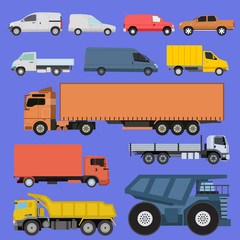 Trucks icons set vector shipping cars vehicles cargo transportation by road. Delivery vehicle car shipping trucks and rail car with forklifts. Flat style icons trailer lorry traffic illustration