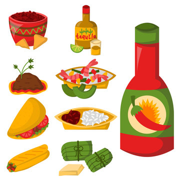 Mexican traditional food with meat avocado tequila corn spicy pepper salsa lunch sauce cuisine vector illustration