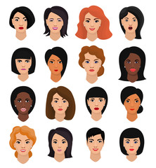 Woman portrait vector female character face of girl with hairstyle and cartoon person with various skin tone illustration set of beautiful facial features isolated on white background