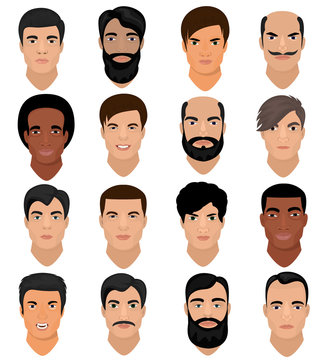 Man portrait vector male character face of boy with hairstyle and cartoon manlike person with various skin tone and beard illustration set of masculine facial features isolated on white background