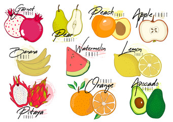 Set vector of colorful cartoon vitamin fruit icons: garnet, pear,peach,apple,banana, lemon, watermelon, pitaya, avocado, orange, lemon. Vector illustration, isolated on white.
