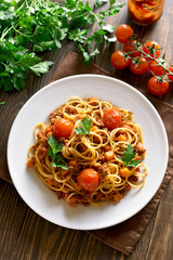 Spaghetti bolognese, top view