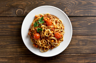 Spaghetti bolognese, top view