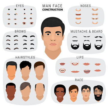 Man face constructor vector male character avatar creation head skin nose eyes with mustache and beard illustration set of facial elements construction with hairstyle isolated on white background