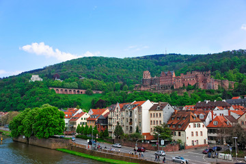 Fototapeta na wymiar Quay of Neckar River and city view of summer Heidelberg