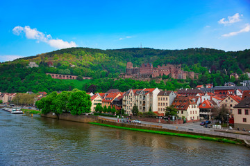 Fototapeta na wymiar Quay of Neckar River and city view summer in Heidelberg