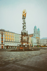 Street view Trinity Column in Hauptplatz in Linz Austria
