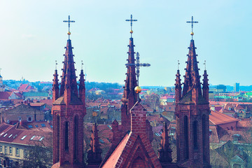 Steeples of Church of St Anne and cityscape in Vilnius