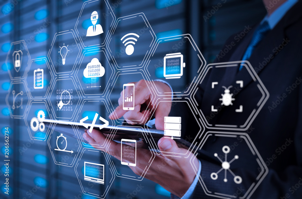 Aufkleber businessman using tablet computer and server room background