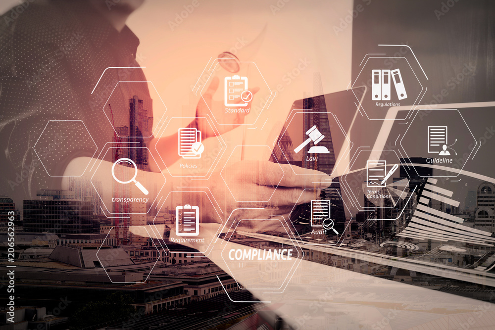 Aufkleber businessman working with smart phone and digital tablet and laptop computer and document in modern office with London city exposure