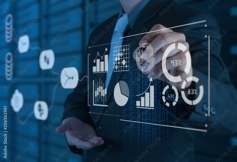 Aufkleber Data Management System (DMS) with Business Analytics concept. businessman working with provide information for Key Performance Indicators (KPI) and marketing analysis onn virtual computer
