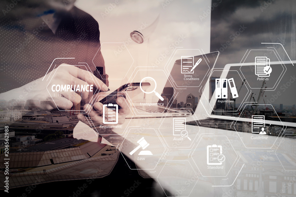 Poster businessman working with smart phone and digital tablet and laptop computer and document in modern office with London city exposure