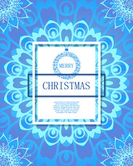 New year poster with place for text. Merry Christmas on the background of snow and snowflakes. Blue lace.