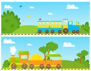 Kids train vector cartoon toy with colorful locomotive blocks railroad carriage game fun leisure joy gift children transport illustration.