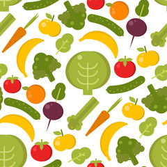 Vector vegetables healthy food seamless pattern illustration. Organic green broccoli, tomato, carrot food vegetables delicious cooking fresh sign background. Flat drawing eat kitchen design