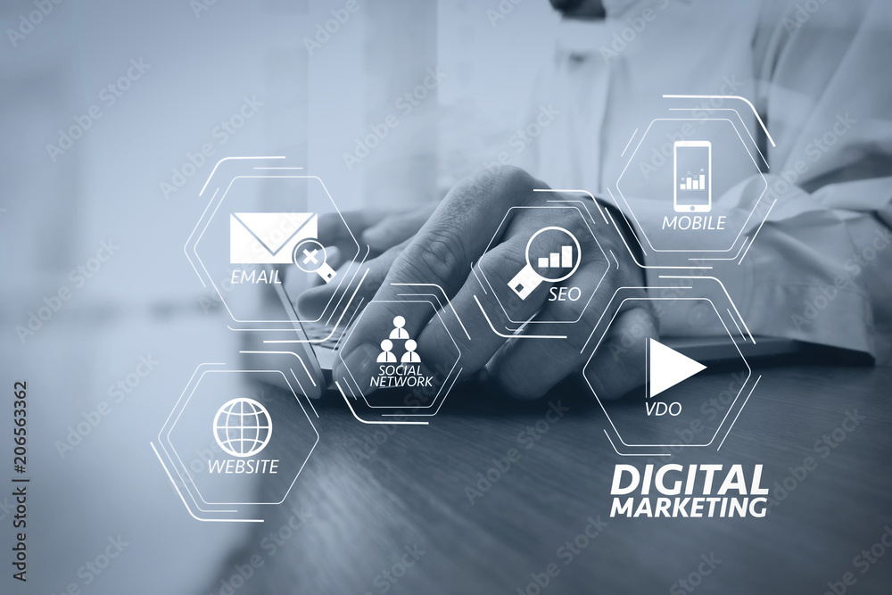 Aufkleber businessman hand working with new modern computer and digital business strategy diagram as concept