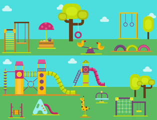 Children playground kindergarten amusement childhood play park activity place recreation swing equipment toy vector illustration