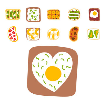 Breakfast toast set slices toasted crust sandwich with butter fried toaster flat cartoon style bread and butter vector illustration.