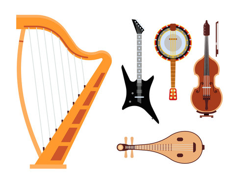 Set of stringed musical instruments classical orchestra art sound tool and acoustic symphony stringed fiddle wooden equipment vector illustration