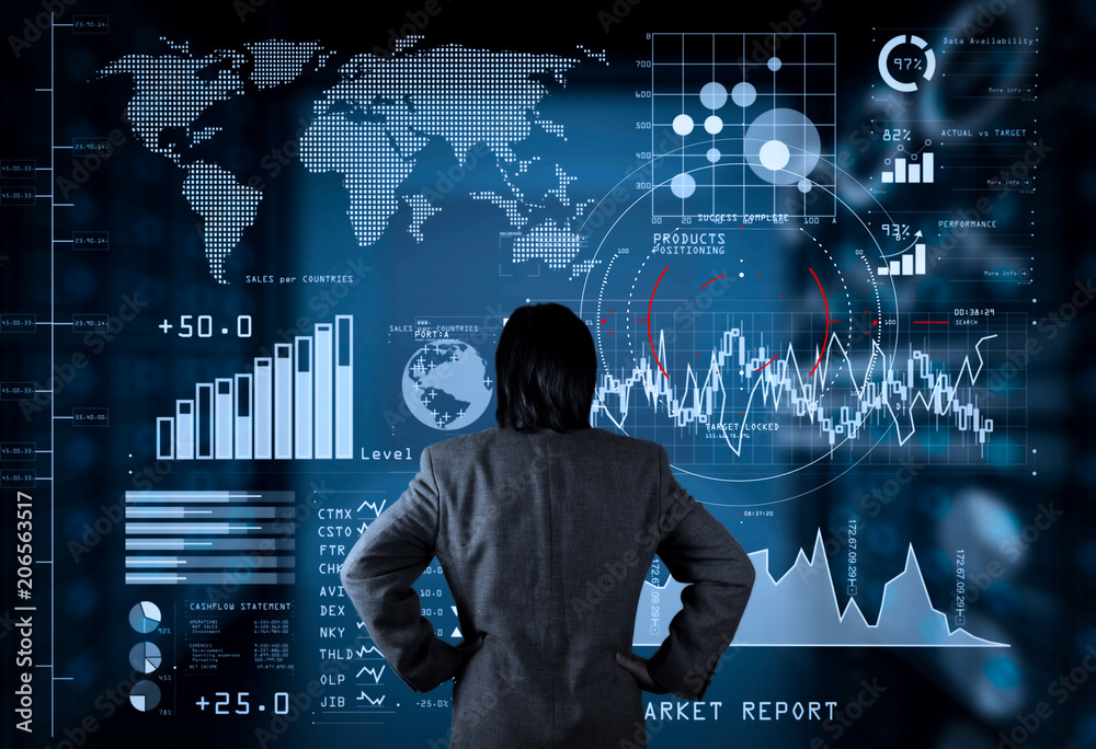 Poster Investor analyzing stock market report and financial dashboard with business intelligence (BI), with key performance indicators (KPI).businessman working on new computer screen with VR.