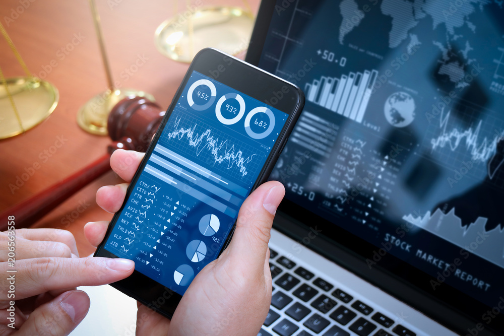 Poster investor analyzing stock market report and financial dashboard with business intelligence (bi), with