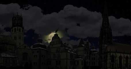 Collage: The moon in the clouds rises above ancient buildings and churches - Powered by Adobe