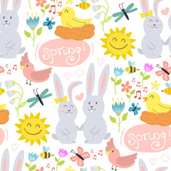 Spring vector natural floral blossom gardening beauty design and nature grass season branch springtime hand drawn seamless pattern background illustration