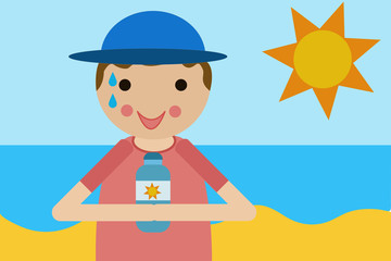 Niño con crema solar en la playa.